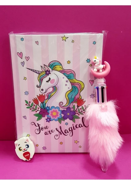 Dizayn Unicorn Kilitli Hatıra ve Günlük Defteri + Lisanslı Unicorn Tükenmez Kalem + Silgi