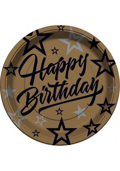 Golden Stars Happy Birthday Temalı Karton Tabak - 23X23CM 8 Adet