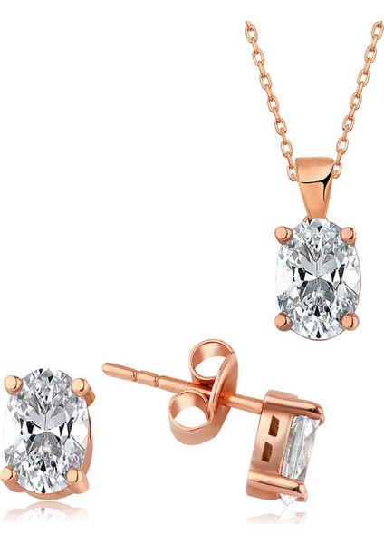 Rose Oval Taş İkili Gümüş Set