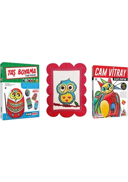 Taş Boyama + Çocuklar Için Etamin Sanatı + Cam Vitray 3'lü Set