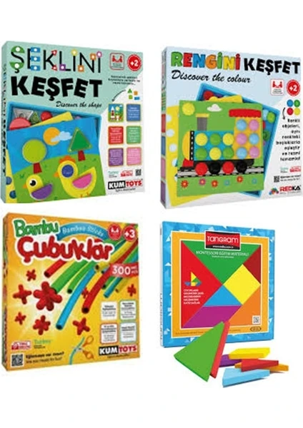 Şeklini Keşfet + Rengini Keşfet + Bambu Çubuklar + Renkli Tangram 4’lü Set