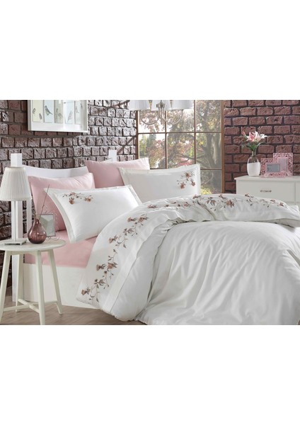 Anetta 3D Nakışlı Pamuk Saten Çift Kişilik Nevresim Takımı Krem Pudra
