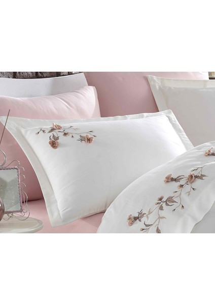 Anetta 3D Nakışlı Pamuk Saten Çift Kişilik Nevresim Takımı Krem Pudra modelleri