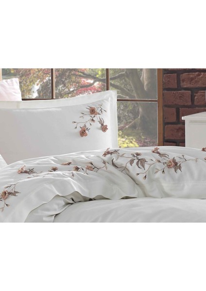 Anetta 3D Nakışlı Pamuk Saten Çift Kişilik Nevresim Takımı Krem Pudra fırsatları