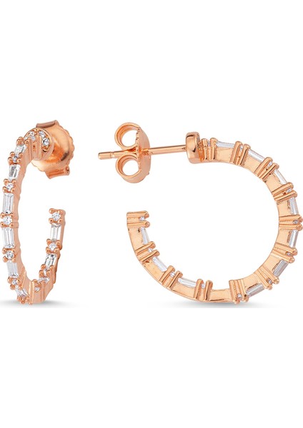 Rose Gümüş Bagetli İğneli Halka Küpe