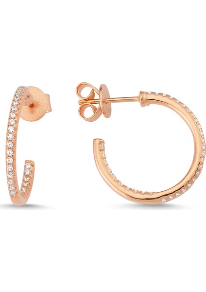 Rose Gümüş İğneli Taşlı Halka Küpe