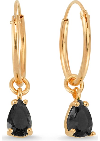 Siyah Damla Taşlı Halka Gümüş Küpe