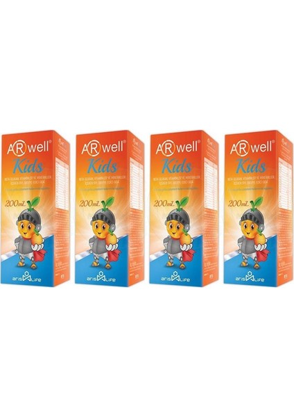 Kids Betaglukan Vitamin ve Mineraller Sıvı Şurup 200 ml 4'lü Paket
