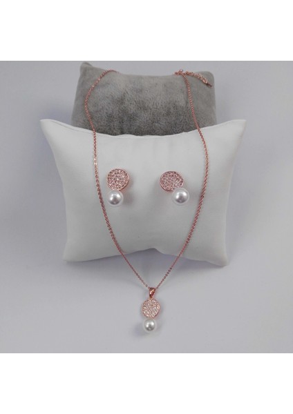 Zirkon Taşlı Ince Zincir Incili Abiye Takı Seti - Rose