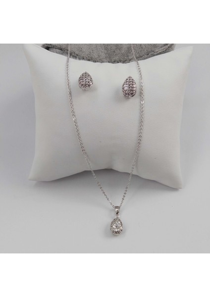 Zirkon Taşlı Ince Zincir Abiye Takı Seti - Rodyum