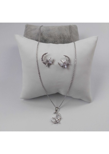 Zirkon Taşlı Ince Zincir Ay Yıldız Abiye Takı Seti - Rodyum