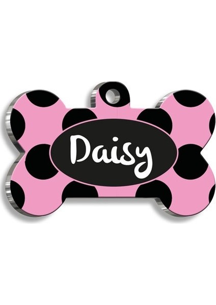 Siyah Pembe Puantiye Kemik Şekilli Köpek Künyesi Medium 2,6 x 3,8 cm