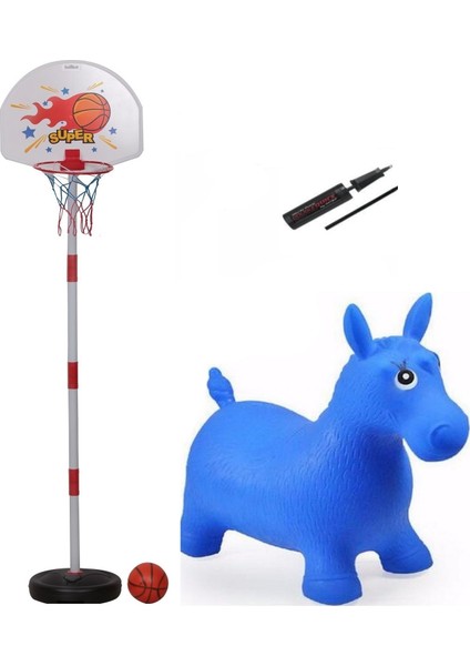 Ayarlanabilir Basketbol Potası ve Şişme Pilates Eşeği + Şişirme Pompası Çocuk Spor Seti