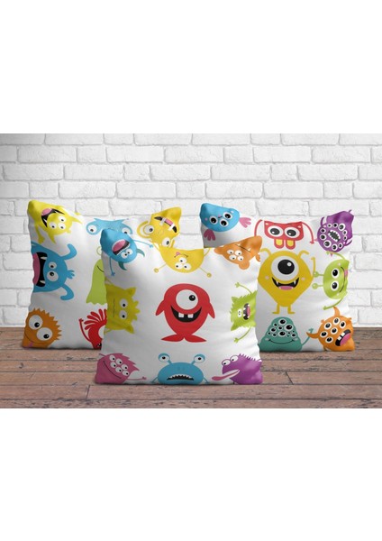 Sevimli Canavar Figürlü Üçlü Yastık Kılıfı Seti