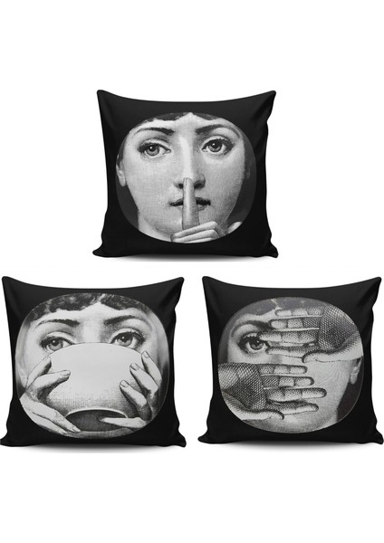 Kırlentdünyası Kırlent Dünyası Fornasetti Figürlü 3 Lü Kombin Dijital Baskılı Kırlent Kılıfı