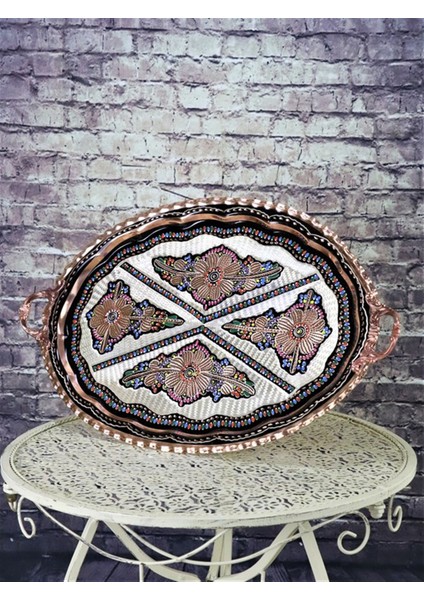 Bakır Tepsi Oval Kalın Gül Çiçek Desenli 45 cm