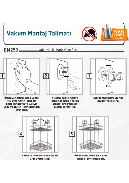 Vakumlu 2 Katlı Banyo Köşe Rafı Krom DM253