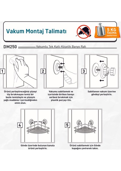 Vakumlu Tek Katlı Banyo Köşe Rafı Krom DM250