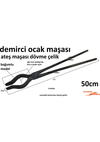 Ocak Maşası 50cm Boğumlu Model Demirci Köz Ateş Maşası Dövme Çelik Körük Maşası Bombeli Maşa