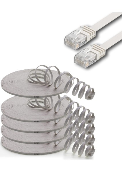 5 Adet CAT6 Yassı Ethernet (Network, LAN) Kablosu, Beyaz, 25 cm