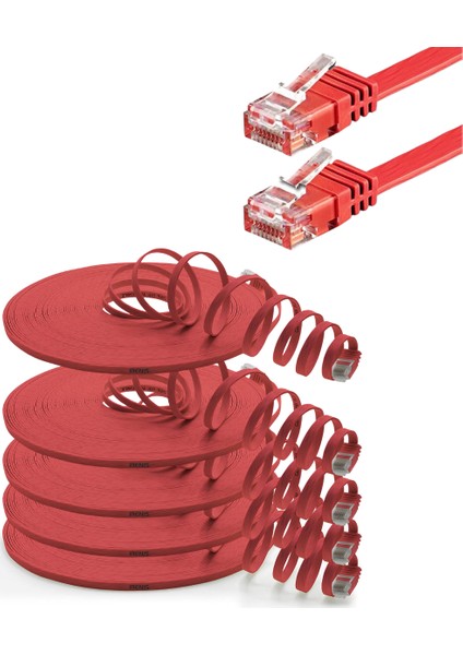 5 Adet CAT6 Yassı Ethernet (Network, LAN) Kablosu, Kırmızı, 25 cm