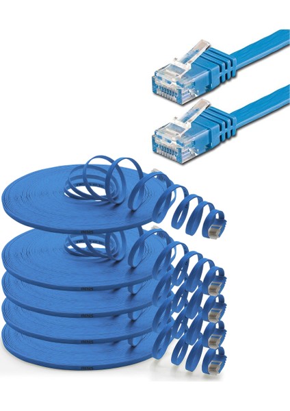 5 Adet CAT6 Yassı Ethernet (Network, LAN) Kablosu, Mavi, 25 cm