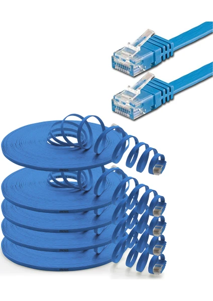 5 Adet CAT6 Yassı Ethernet (Network, LAN) Kablosu, Mavi, 25 cm