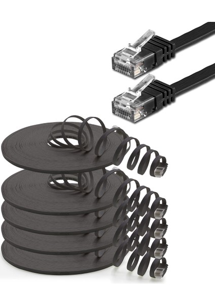5 Adet CAT6 Yassı Ethernet (Network, LAN) Kablosu, Siyah, 25 cm