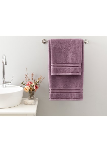 Romantic Stripe Floşlu Banyo Havlusu Takımı 50 x 85CM + 70 x 150CM Mürdüm