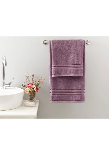 English Home Romantic Stripe Floşlu Banyo Havlusu Takımı 50 x 85CM + 70 x 150CM Mürdüm