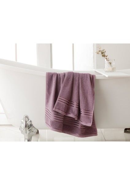 Romantic Stripe Floşlu Banyo Havlusu Takımı 50 x 85CM + 70 x 150CM Mürdüm