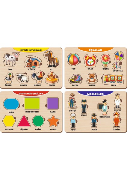 4 Adet Ahşap Bul Tak Eğitici Yapboz Puzzle Seti 9