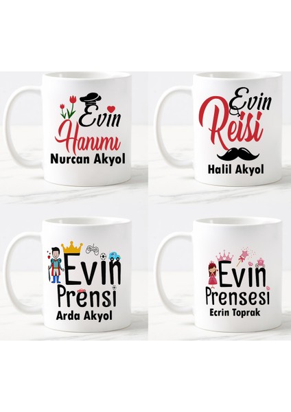 Evin Hanımı Evin Reisi Evin Prensi Evin Prensesi 4'lü Set Kupa Bardak