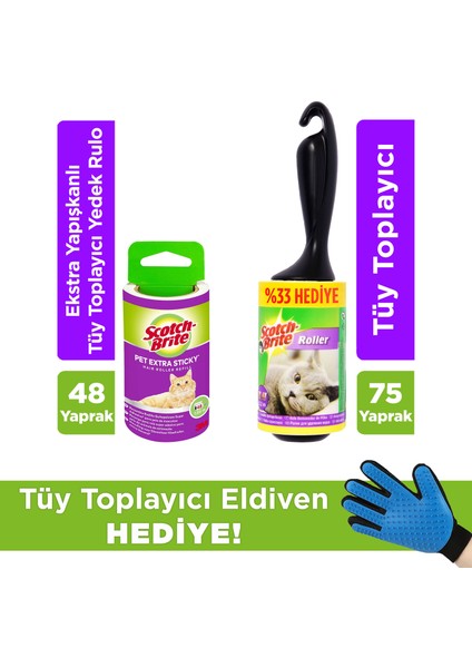 Tüy Toplayıcı Rulo - 56 Yaprak + 48 Yaprak Extra Tüy Toplayıcı + Tüy Toplayıcı Eldiven