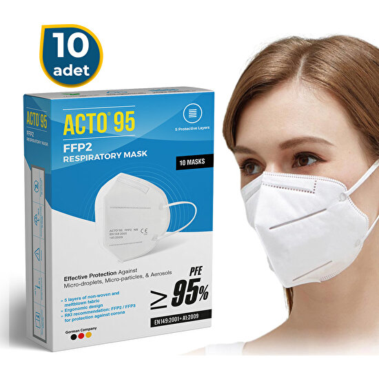 Acto Acto® 95 Ffp2 / N95 Respiratory Mask | 5 Katlı Solunum Maskesi 10 Adet