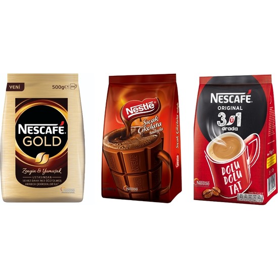 Nescafe Gold 500 gr + Nestle Sıcak Çikolata 1 kg +Nescafe 3'ü 1 Arada 1 kg Hazır Kahve