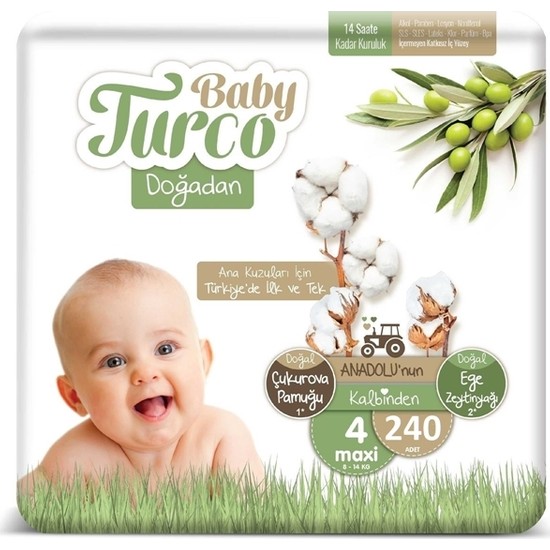 Baby Turco Doğadan 4 Numara Bebek Bezi 8-14 kg Maxi 240'LI