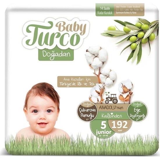 Baby Turco Doğadan 5 Numara Bebek Bezi 12-25 kg Junior 192 Adet