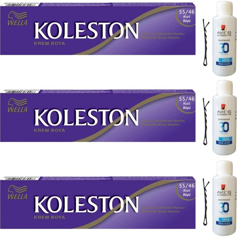 Wella Koleston Tüp Saç Boyası Kızıl Büyü 55/46 x 3 lü + Akos 30 Volume Oksidan 3 lü