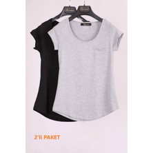 Aclassics Gri Siyah Bisiklet Yaka Cep Detaylı Yarım Kollu Slim Fit Pamuk 2'li Paket T-Shirt