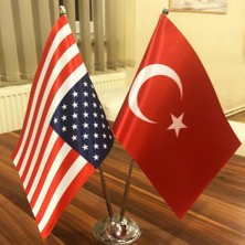 Fors Bayrak Amerika - Türkiye Masa Bayrağı Krom Direkli İkili Bayrak
