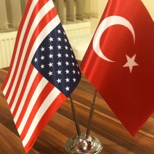 Fors Bayrak Amerika - Türkiye Masa Bayrağı Krom Direkli İkili Bayrak