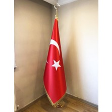 Fors Bayrak Türk Makam Bayrağı Seti Sarı Direkli Simli Saten Kumaş 225 cm