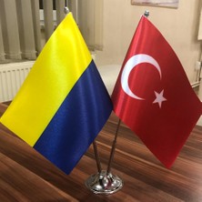 Fors Bayrak Ukrayna - Türkiye Masa Bayrağı Krom Direkli İkili Bayrak