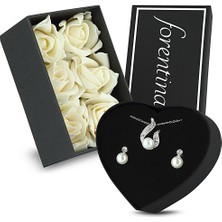 Forentina Güllü Kutuda Beyaz Inci Modeli Kolye Küpe Set PS1639