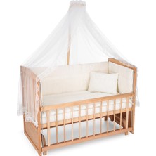 Heyner Ahşap Organik Beşik Anne Yanı Beşik 3 Kademeli Lüx Bebek Beşiği 60 x 120 cm - Krem Güpür Uyku Setli & Soft Yataklı