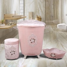 Bonny Home  Shems Pudra 3'lü Kadife Çeyizlik Dantelli Banyo Kirli Çamaşır Sepeti Seti