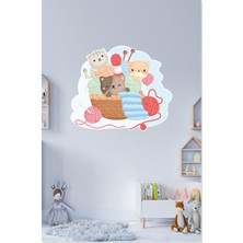 Sticker Sepetim Sevimli Kediler ve Örgü Yumakları Çocuk Odası Dekoratif Duvar Sticker