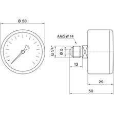 Pakkens Çap 50 Arkadan Bağlantılı Kuru Tip Manometre, Basınç Ölçer 1/8"