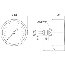 Pakkens Çap 63 Arkadan Bağlantılı Kuru Tip Manometre, Basınç Ölçer 1/4"